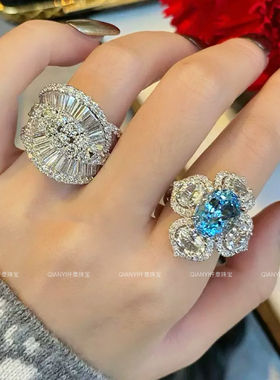 QIANYI仟意珠宝轻奢系列镀金锆钻气质时尚百搭款海蓝宝石开口戒指