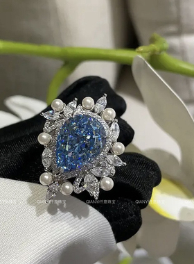 QIANYI仟意【奢华系列】名媛千金925银梨形海蓝宝高碳钻水滴项链