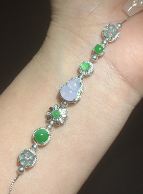 天然翡翠A货多宝多巴胺手链通体925银镶女玉手链