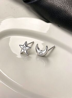 足银999不对称星月耳钉女轻奢高