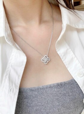 S925满镶锆石四叶草项链小众镂空