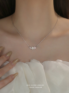 S925纯银幻彩玫瑰花蝴蝶项链女小