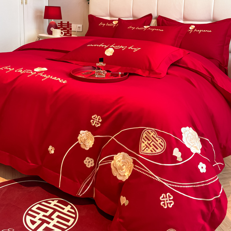 简约婚庆床品四件套大红色床单结婚被套高级全棉纯棉新婚床上用品 - 图2