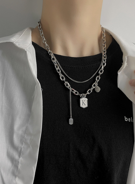 ins个性潮字母方牌女钢小众项链