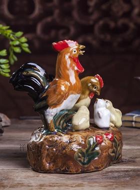 庭院盆景盆栽搭配摆件石湾陶瓷中式书房书桌摆设招财生肖鸡全家福