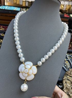 无法式复古天然贝母山茶花耳项链