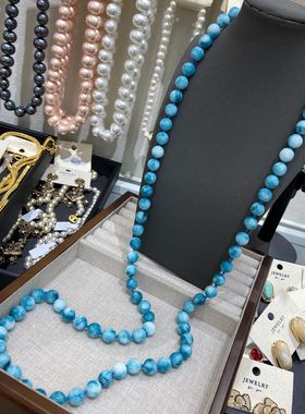 天然海纹石浅蓝玉髓串珠项链