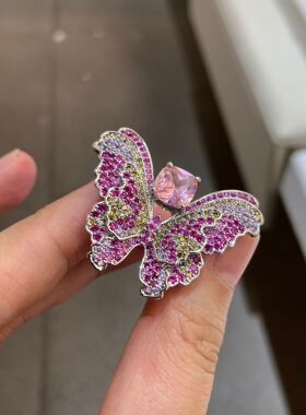 欧美超仙夏季闪亮蝴蝶戒指彩色锆