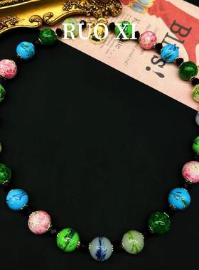 若曦vintage复古琉璃白玉蓝凤尾