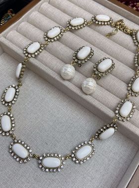 经典法式椭圆白色树脂项链珍珠耳