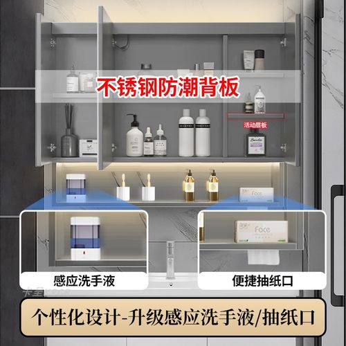 不锈钢智能浴室镜柜挂墙式单独带灯卫生间带灯抽纸收纳定制置物架 - 图1