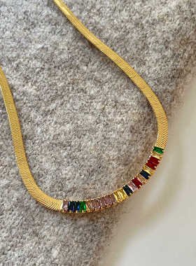 宽边蛇骨链彩色锆石锁骨链