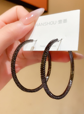 极简枪黑色锆石耳圈小众高级感