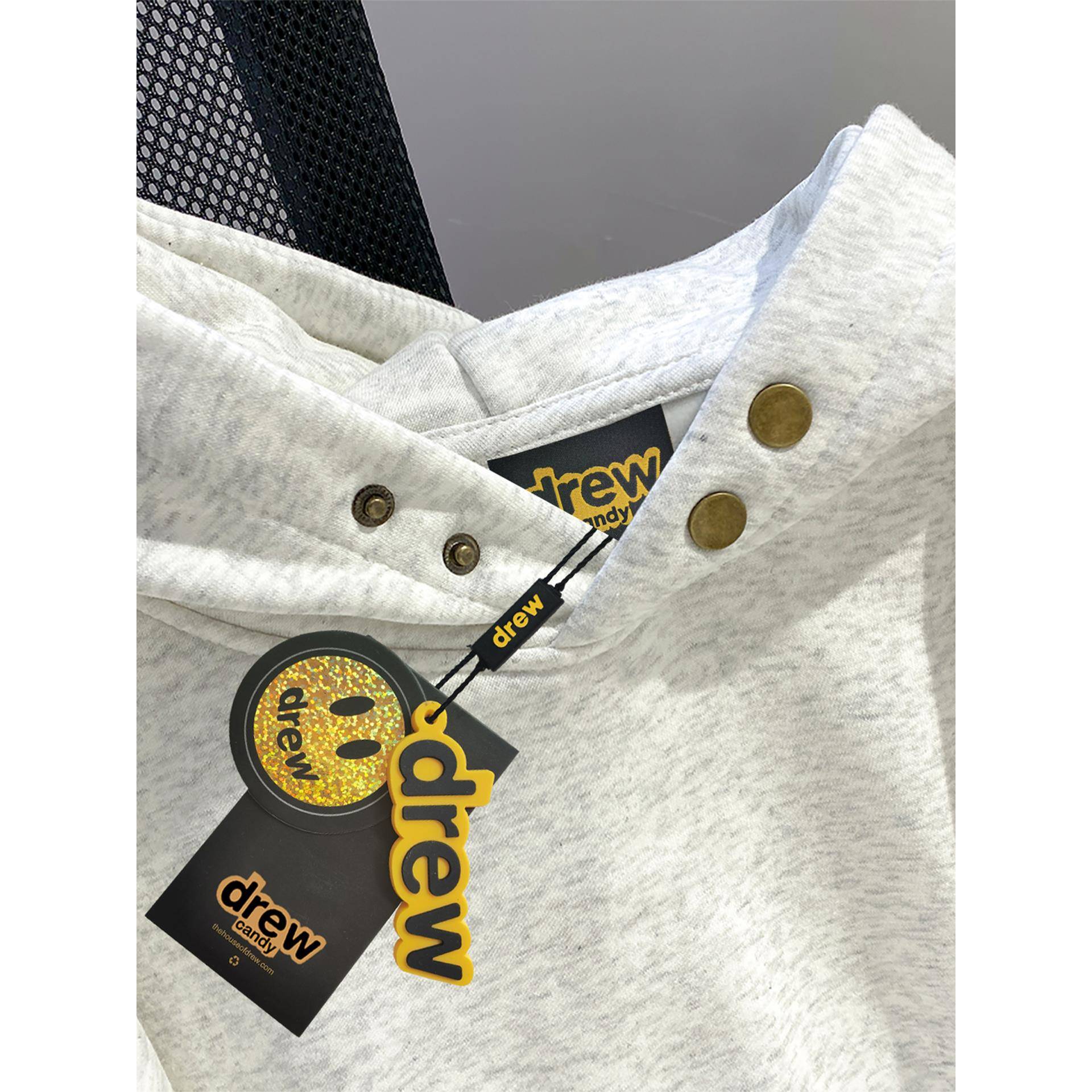 drew灰色纽扣卫衣男女款秋季连帽衫宽松纯棉重磅初高中生美式外套 - 图1