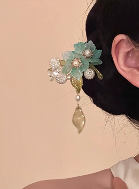 新中式夏季珍珠浅绿色花朵u型簪