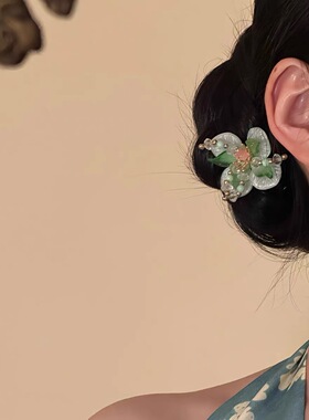 古风绿色苹果花朵u型发簪女发钗