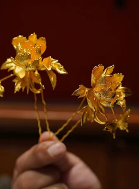 金色立体花朵发簪发钗复古国风叉