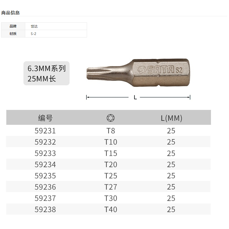 世达旋具头6.3MM梅花批头T20T25T30T40 59231 59235 59237 59238 - 图1