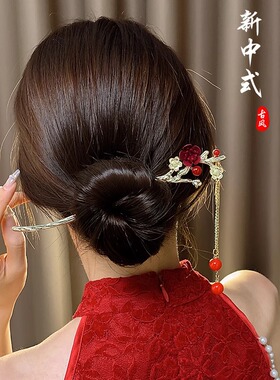 红色山茶花新年发簪女高级感
