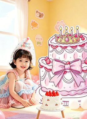 女孩儿童生日布置气球蛋糕KT板气球拍照氛围道具仪式感装饰背景墙
