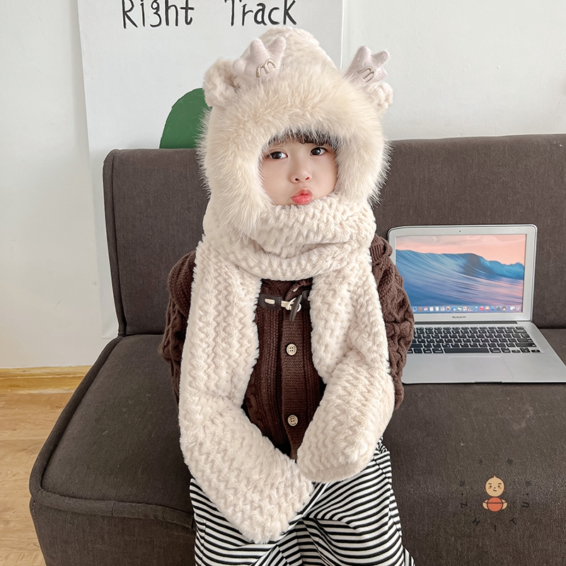 儿童冬天M鹿角毛茸茸保暖护耳三件套男女宝宝加厚围巾手套一体帽 - 图2