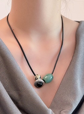 彩色编绳串珠枫叶项链女时尚虎眼石黑玛瑙天然石毛衣链锁骨链颈链