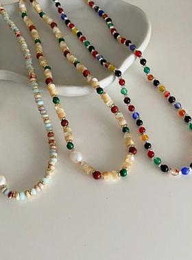 彩色天然石珍珠串珠项链设计感小众复古个性简约百搭颈链锁骨链