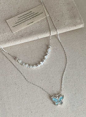 高级感蓝色水晶蝴蝶双层叠戴项链