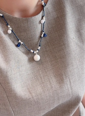 时尚天然石手工编织绳串珠项链女复古度假风锁骨链毛衣链颈链配饰