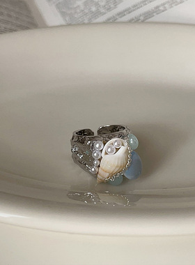 辣妹甜酷海螺珍珠水晶宽版金属戒