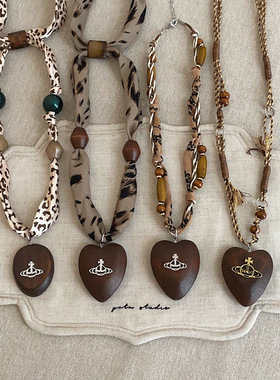 复古木质爱心星球豹纹丝巾项链女设计感个性精致时尚颈链锁骨链