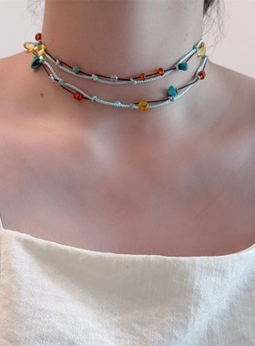 长款彩色串珠天然石水晶吊坠项链时尚手工编织绳毛衣链百搭锁骨链