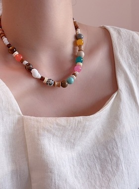 碳酸同款斐济夏日彩色不规则天然石串珠项链女度假风锁骨链配饰品