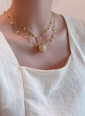 法式复古珍珠干枯玫瑰花朵吊坠项