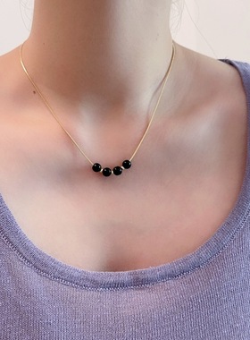 韩国博主同款虎眼石黑曜石串珠项链女叠戴颈链小众高级感秋冬配饰