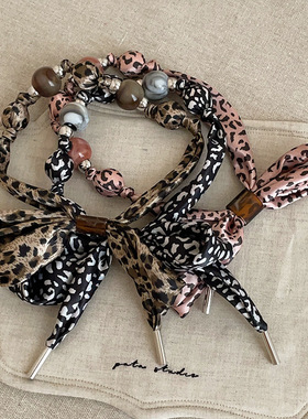 美拉德豹纹丝巾蝴蝶结串珠项链女轻奢复古潮流时尚百搭颈链锁骨链