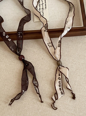 极简印花飘带丝巾抽拉项链女轻奢复古时尚潮流气质百搭颈链锁骨链