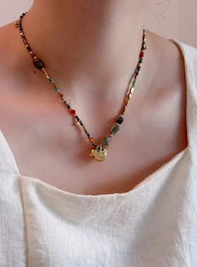 小众设计感新中式小鸟吊坠项链女天然石串珠叠戴锁骨链颈链配饰品