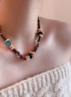 赵露思同款不规则天然贝壳项链女时尚度假复古手工串珠锁骨链颈链