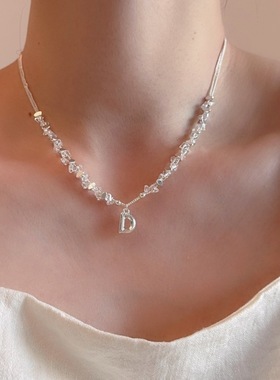 甜美设计感水晶串珠D字母项链女