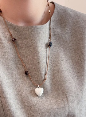 韩国小众设计磨砂爱心吊坠绳子编织项链个性时尚气质高级感锁骨链