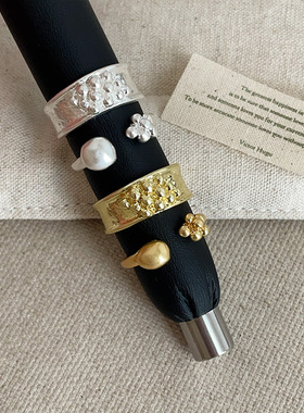 浮雕串珠花朵哑光金属戒指女小众设计感个性精致时尚潮流指环戒子