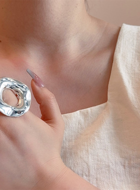 夸张简约气质镂空几何圆形戒指个性不规则设计感小众金属光面指环