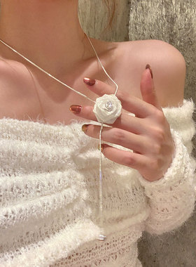 气质独特网纱玫瑰花抽拉项链女小众轻奢个性时尚潮流颈链锁骨链