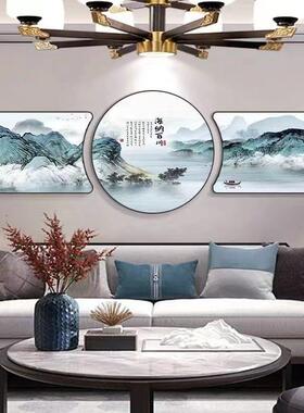 新中式客厅装饰画现代简约沙发背景墙三联挂画圆形壁画山水晶瓷画