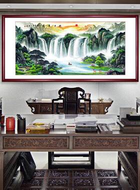 旭日东升国画招财挂画办公室客厅沙发背景墙装饰山水画源远流长画