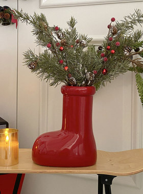 木工小舅 红鞋子陶瓷花瓶轻奢摆件 高级感小众喜庆家居插花器装饰