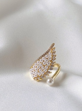 珍珠翅膀设计感 戒指女开口可调节 轻奢小众精致食指戒高级感饰品