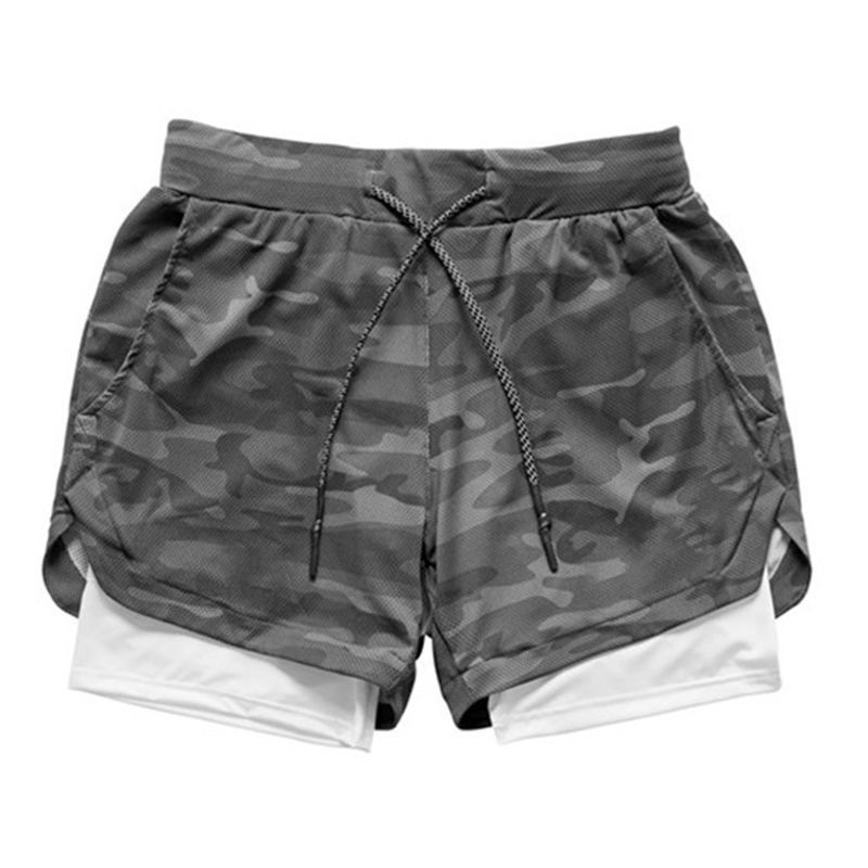 速干运动迷彩短裤男双层健身假两件五分裤防走光个性训练跑步裤子