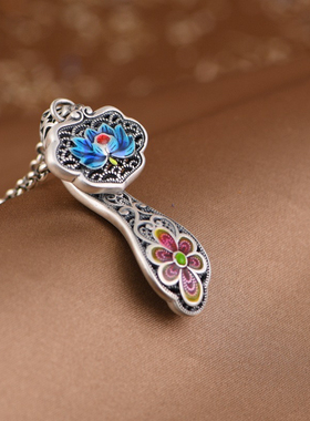 纯银如意吊坠99足银复古景泰蓝莲花文艺项坠国风珐琅彩老银匠手工